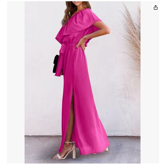 Kirundo Pink Maxi Dress Ruffle One Shoulder High Waist Split Small NWT - Picture 3 of 16